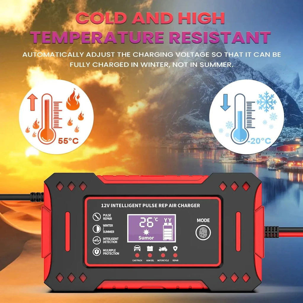 Smart 12V Car Battery Charger – EU Plug Motorcycle Battery Maintainer with LCD Display for Lead-Acid Batteries