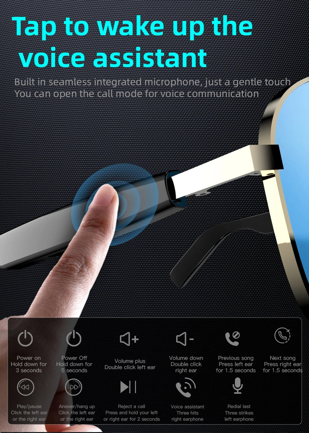 Versa– Bluetooth Earphones, UV Protection, Touch Control & Clear Visiontile facial features
