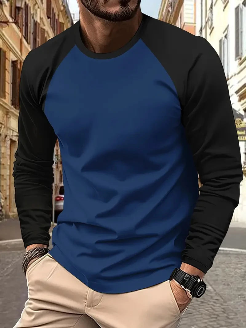 Spring Autumn New Spell Color Simple Style Long Sleeve Round Neck Tops T Shirt Men Pullover Tops T Shirts 100% Polyester