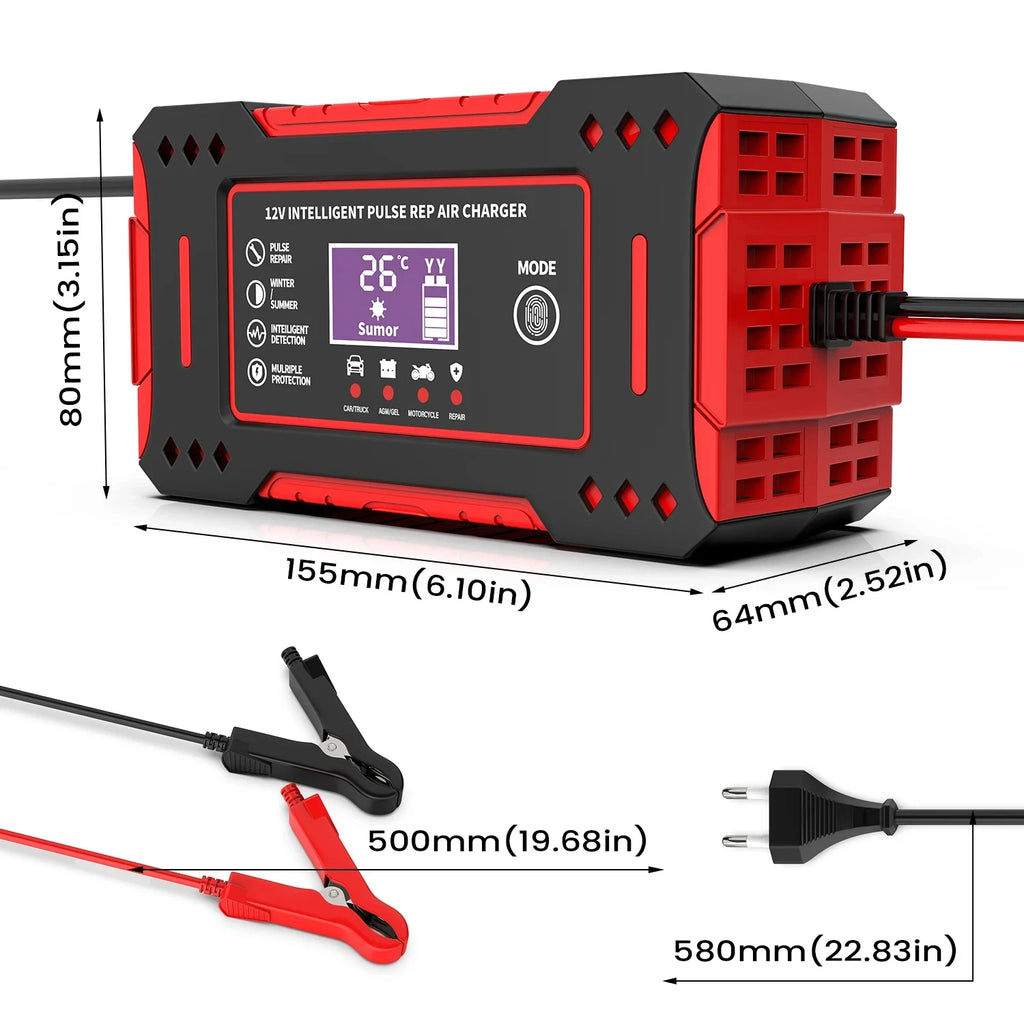 Smart 12V Car Battery Charger – EU Plug Motorcycle Battery Maintainer with LCD Display for Lead-Acid Batteries