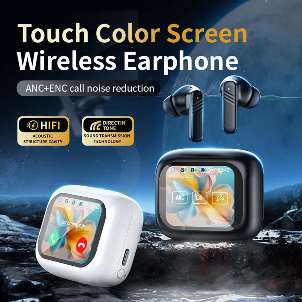 Wireless ANC Bluetooth 5.4 Hi-Fi Stereo Headphones with LED Touch Screen – Waterproof Noise Cancelling Earphones