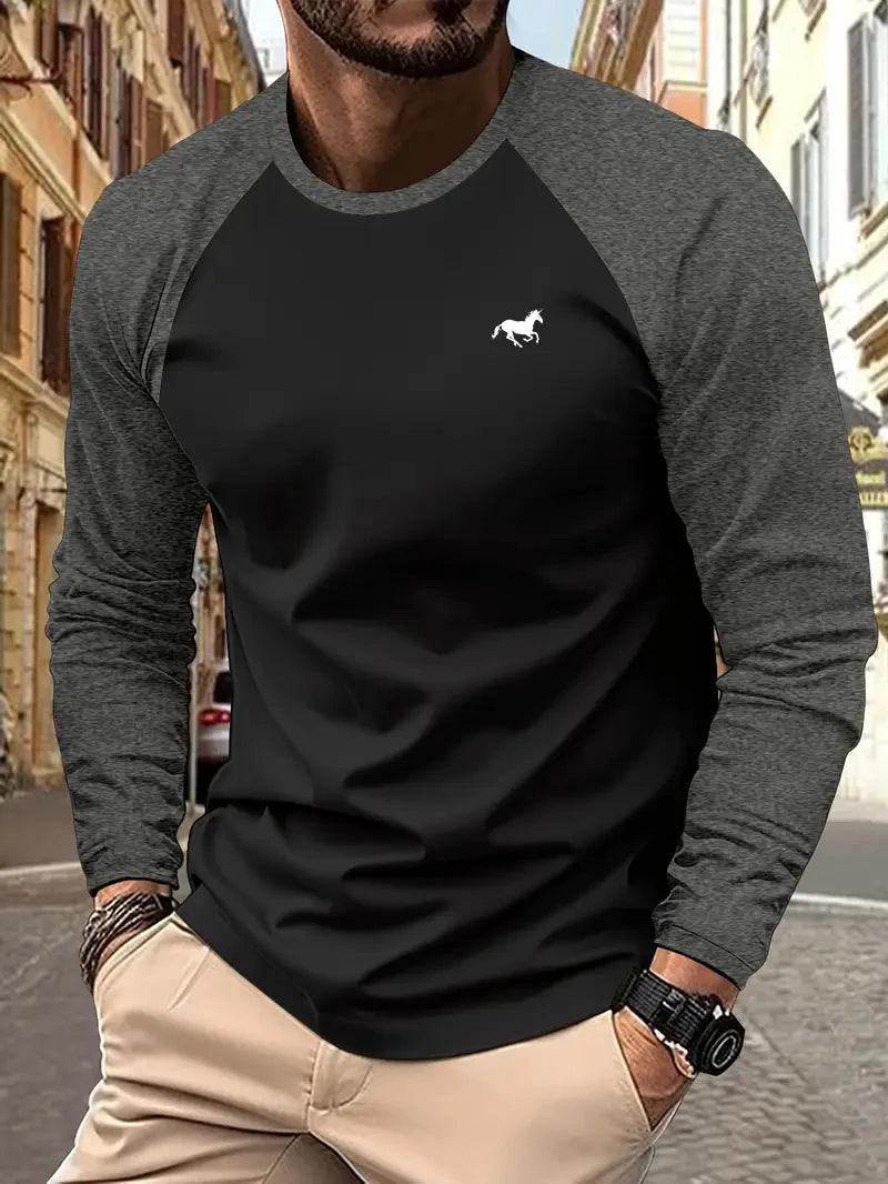 Spring Autumn New Spell Color Simple Style Long Sleeve Round Neck Tops T Shirt Men Pullover Tops T Shirts 100% Polyester
