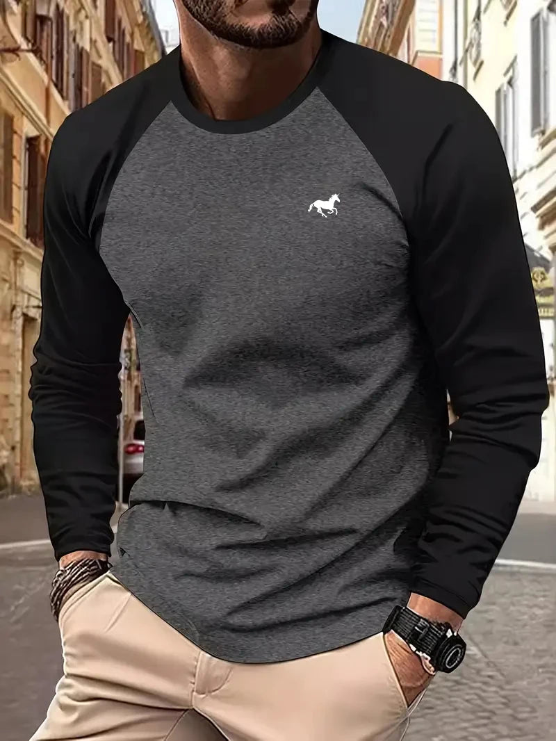 Spring Autumn New Spell Color Simple Style Long Sleeve Round Neck Tops T Shirt Men Pullover Tops T Shirts 100% Polyester