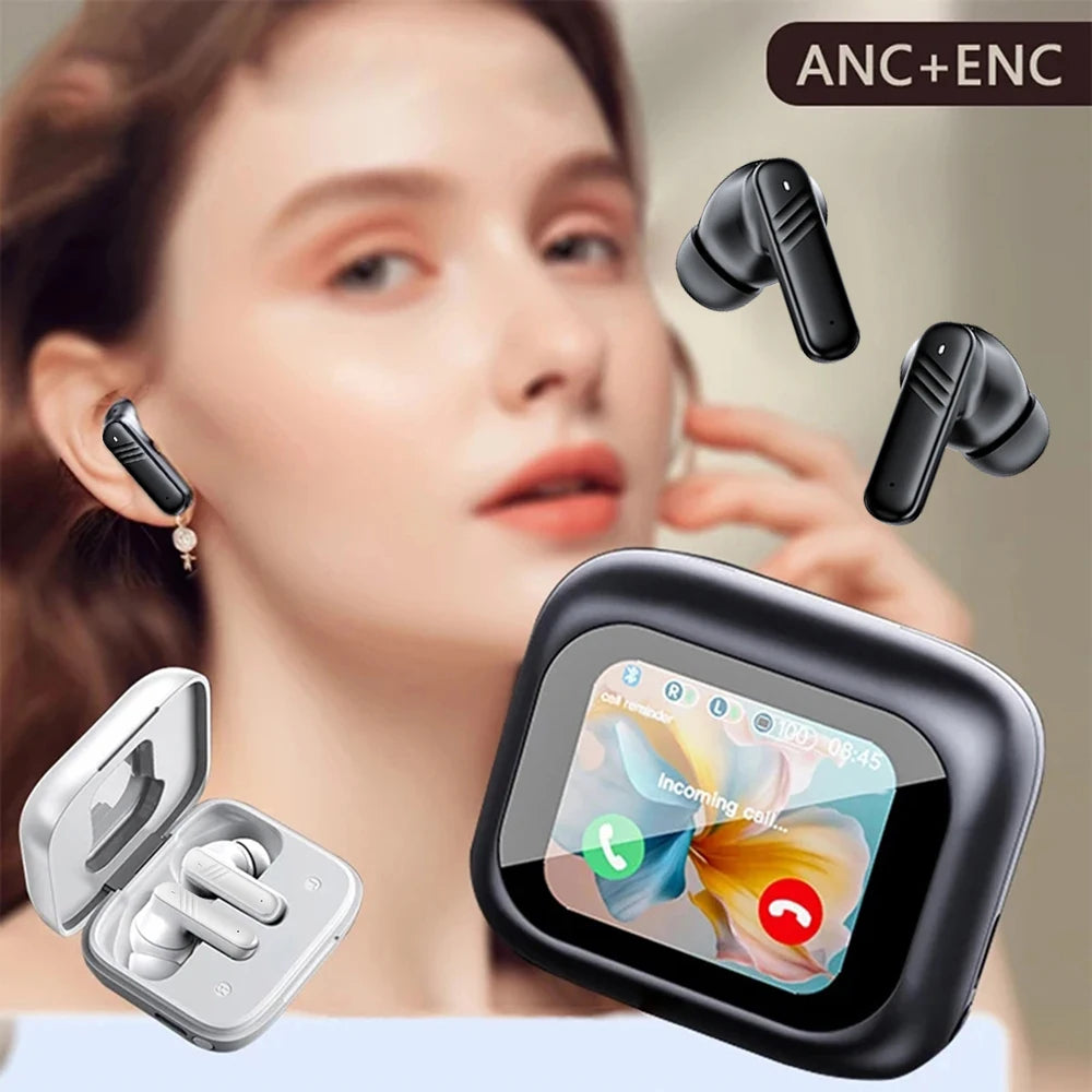 Wireless ANC Bluetooth 5.4 Hi-Fi Stereo Headphones with LED Touch Screen – Waterproof Noise Cancelling Earphones