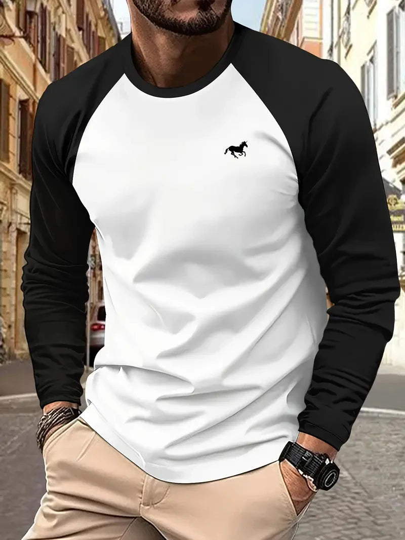 Spring Autumn New Spell Color Simple Style Long Sleeve Round Neck Tops T Shirt Men Pullover Tops T Shirts 100% Polyester