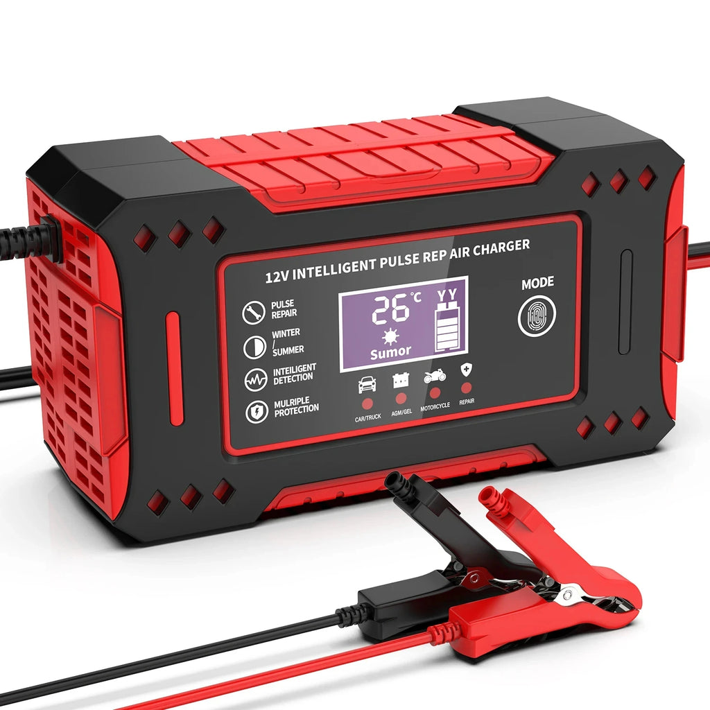 Smart 12V Car Battery Charger – EU Plug Motorcycle Battery Maintainer with LCD Display for Lead-Acid Batteries