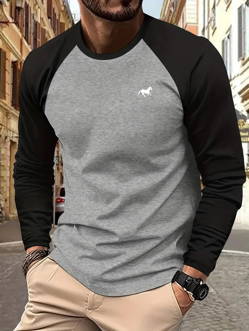 Spring Autumn New Spell Color Simple Style Long Sleeve Round Neck Tops T Shirt Men Pullover Tops T Shirts 100% Polyester