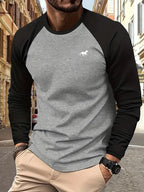 Spring Autumn New Spell Color Simple Style Long Sleeve Round Neck Tops T Shirt Men Pullover Tops T Shirts 100% Polyester