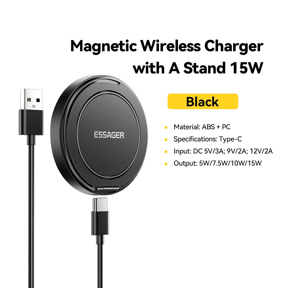 Essager Magnetic Wireless Charger with Holder – 15W Fast Charging for iPhone 17/16/15/14 Pro Max