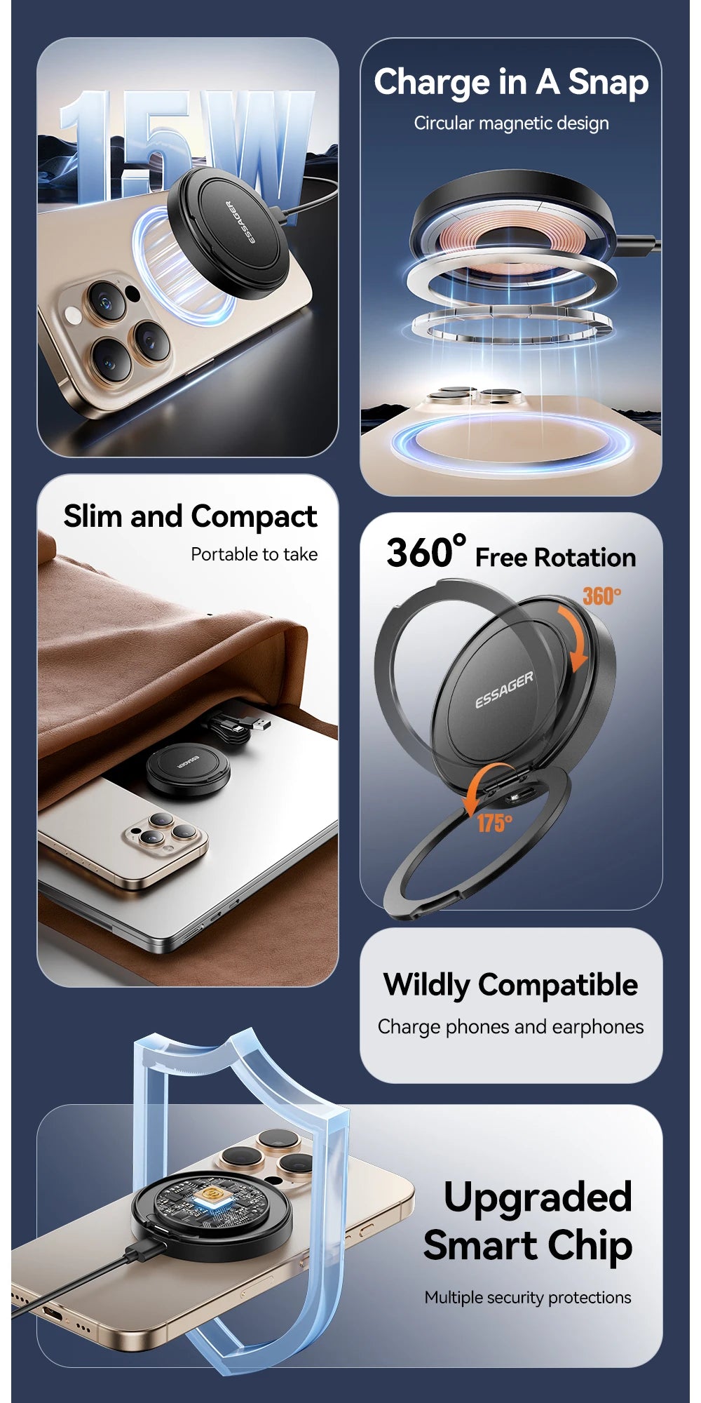 Essager Magnetic Wireless Charger with Holder – 15W Fast Charging for iPhone 17/16/15/14 Pro Max