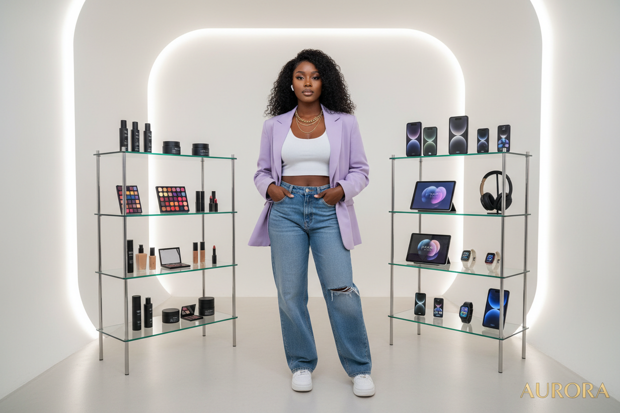 une colection produit soint beaute et appareil electronique.. au mileu une belle femme noire sybolisante  beaute , elctronique et fashon.. habiment decontracte 